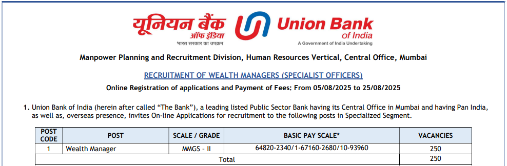 Union Bank of India Wealth Manager Recruitment 2025