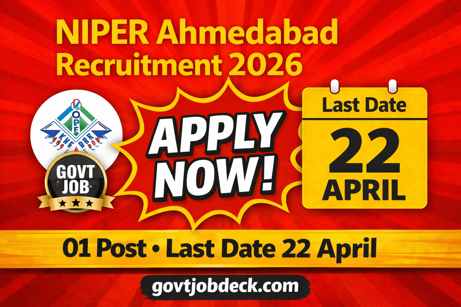 NIPER Ahmedabad Recruitment 2026 Apply Now-01 Post, Last Date 22 April, Direct Link