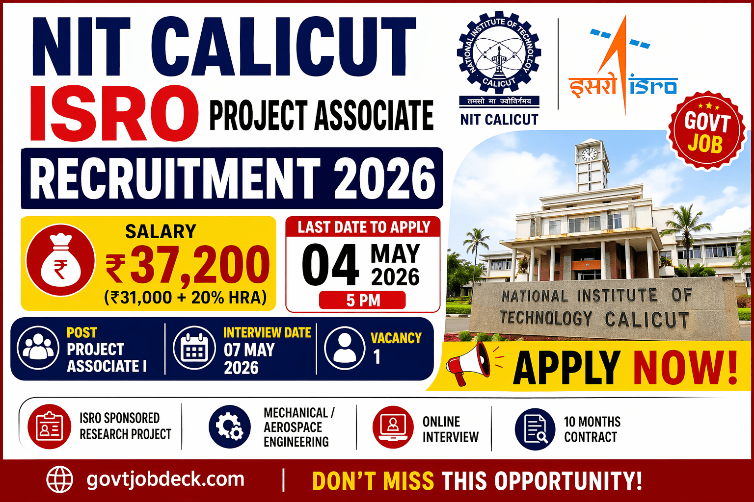 NIT Calicut ISRO Project Associate Recruitment 2026