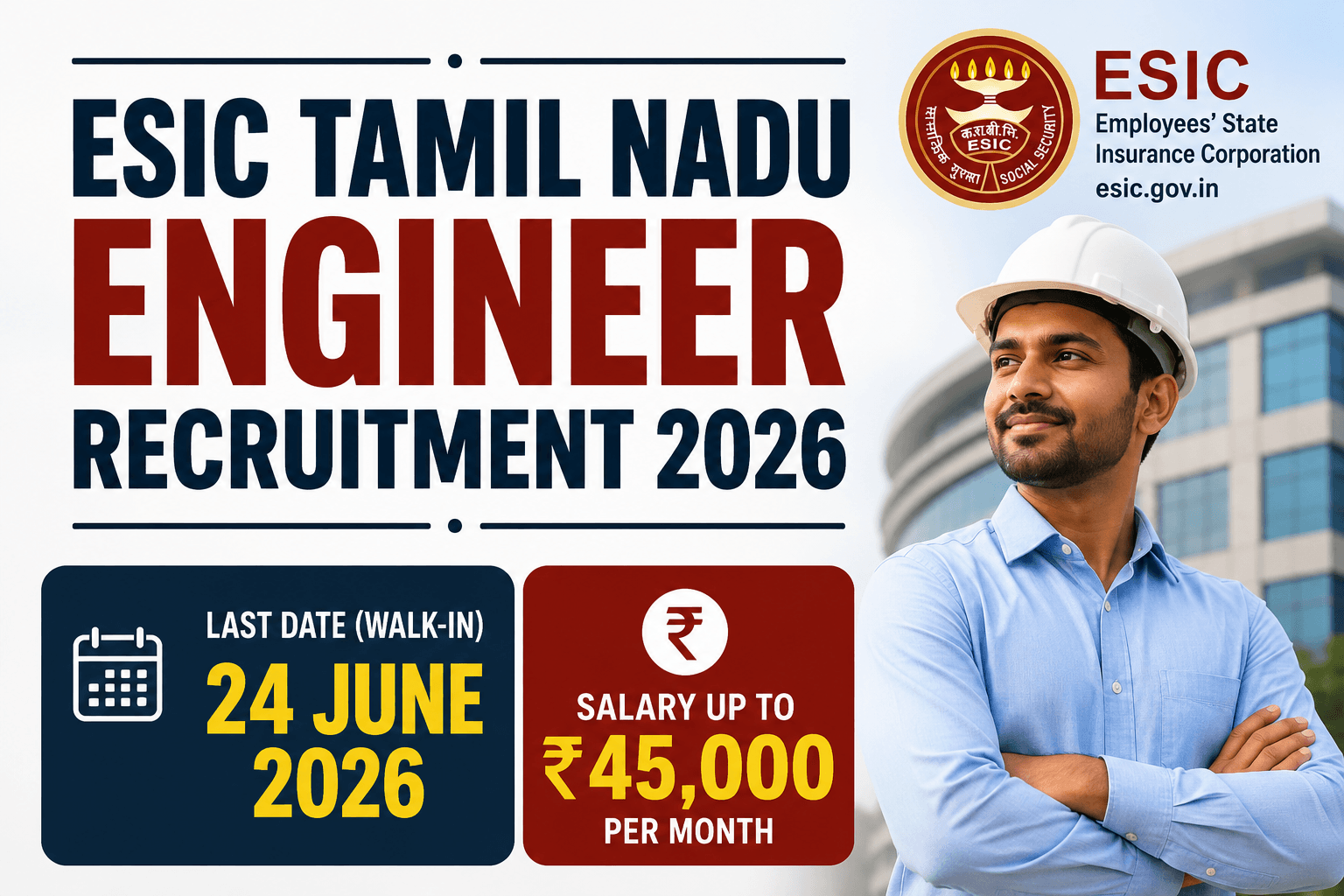 ESIC Tamil Nadu Engineer Recruitment 2026 Walk-In for 13 AE & JE Posts, Salary Up to ₹45,000