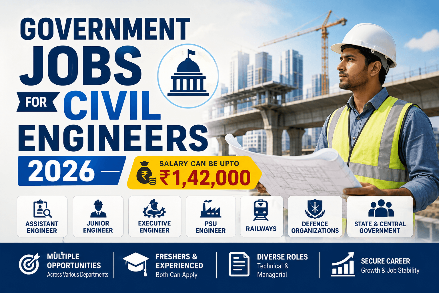 Government Jobs for Civil Engineers 2026: Top Recruitments, Salary Up to ₹1.42 Lakh & Career Options