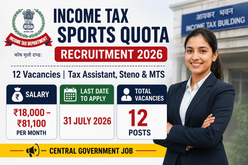 Income Tax Sports Quota Recruitment 2026 Salary Up to ₹81,100 | 12 Tax Assistant, Steno & MTS Posts