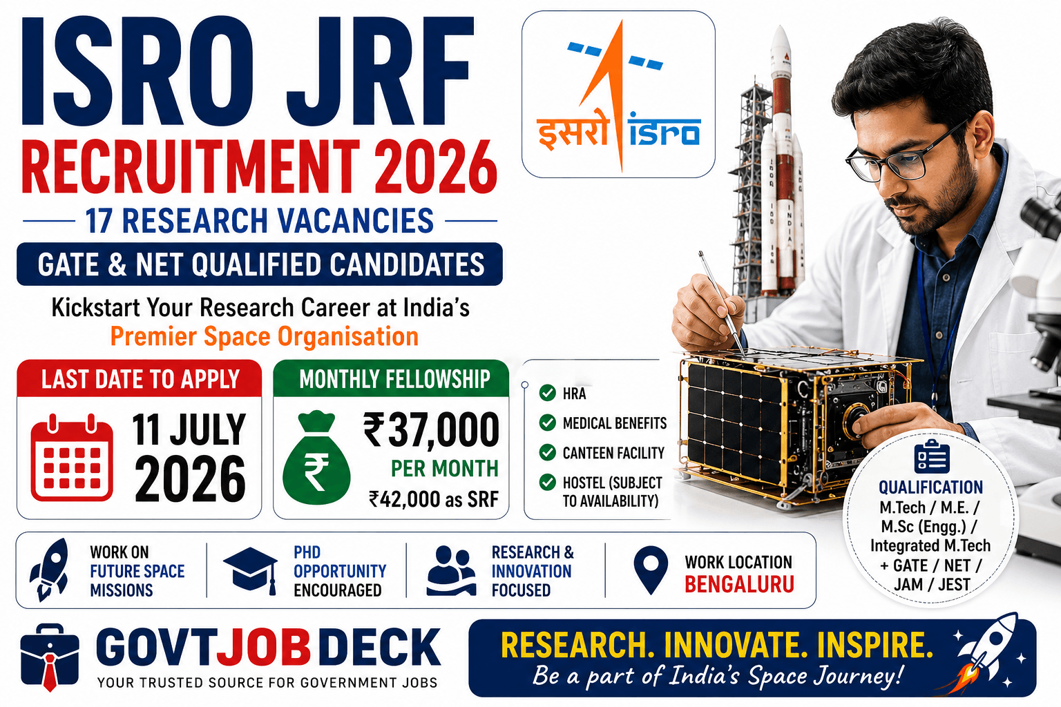 ISRO JRF Recruitment 2026: ₹37,000 Fellowship for GATE & NET Qualified Candidates, Apply Online