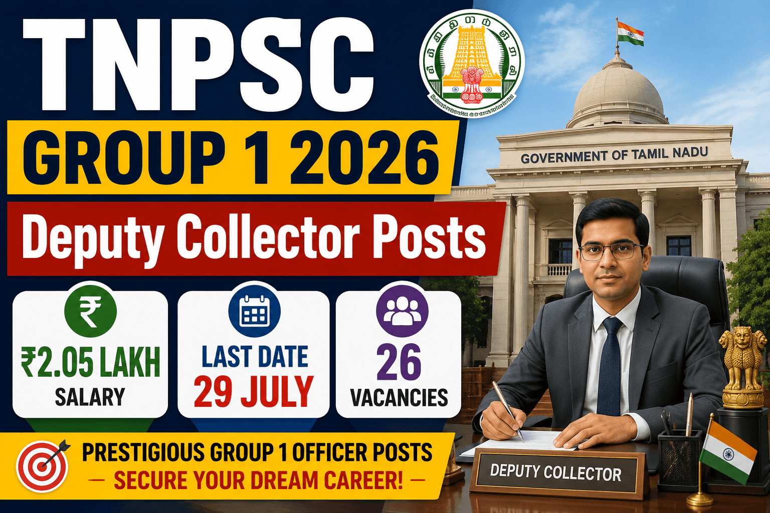 TNPSC Group 1 Recruitment 2026: Deputy Collector Posts, Salary ₹2.05 Lakh, Apply by 29 July