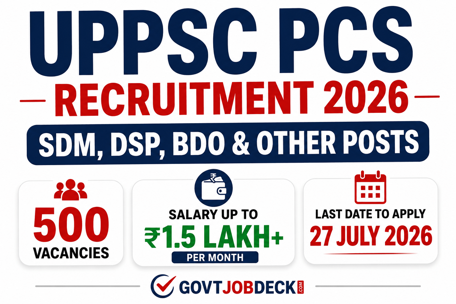 UPPSC PCS Recruitment 2026: 500 SDM, DSP & BDO Posts, Salary Up to ₹1.5 Lakh, Apply Before 27 July