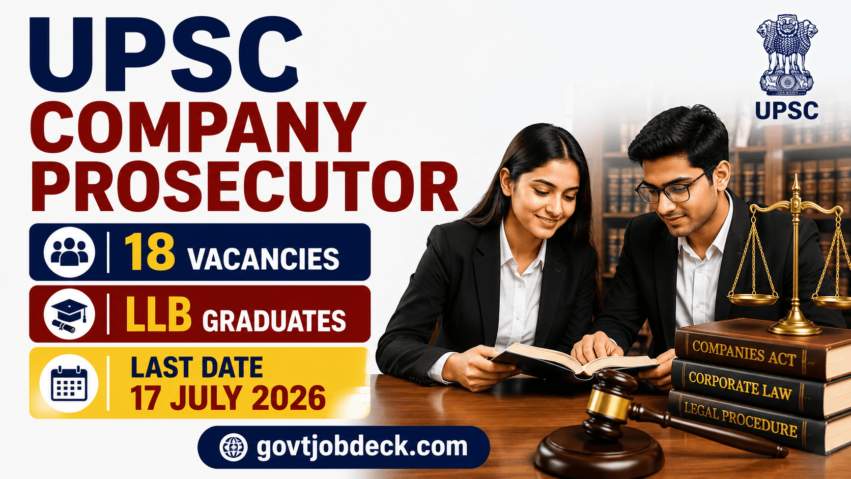 UPSC Company Prosecutor Recruitment 2026 Out for 18 Vacancies | LLB Graduates Can Apply