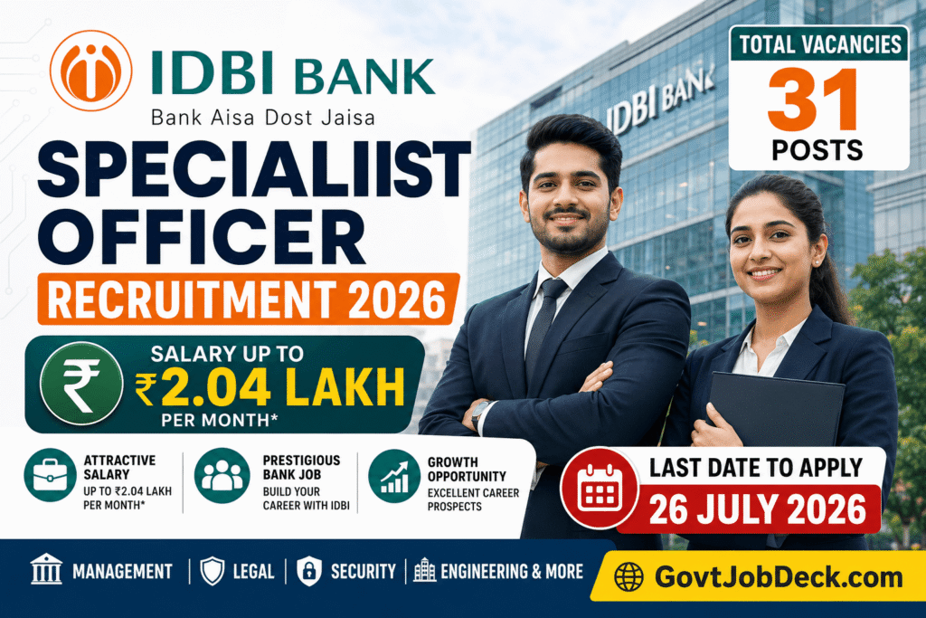 IDBI Bank Specialist Officer Recruitment 2026-27 Out: Salary Up to ₹2.04 Lakh/Month, Apply Online for 31 Posts