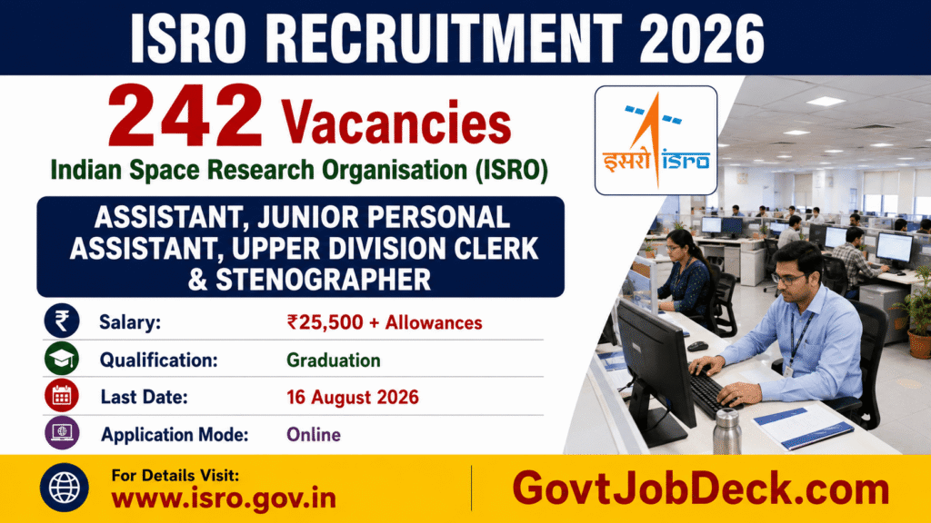 ISRO Recruitment 2026: 242 Assistant, UDC & Stenographer Vacancies | Apply Before 16 August, Salary ₹25,500+