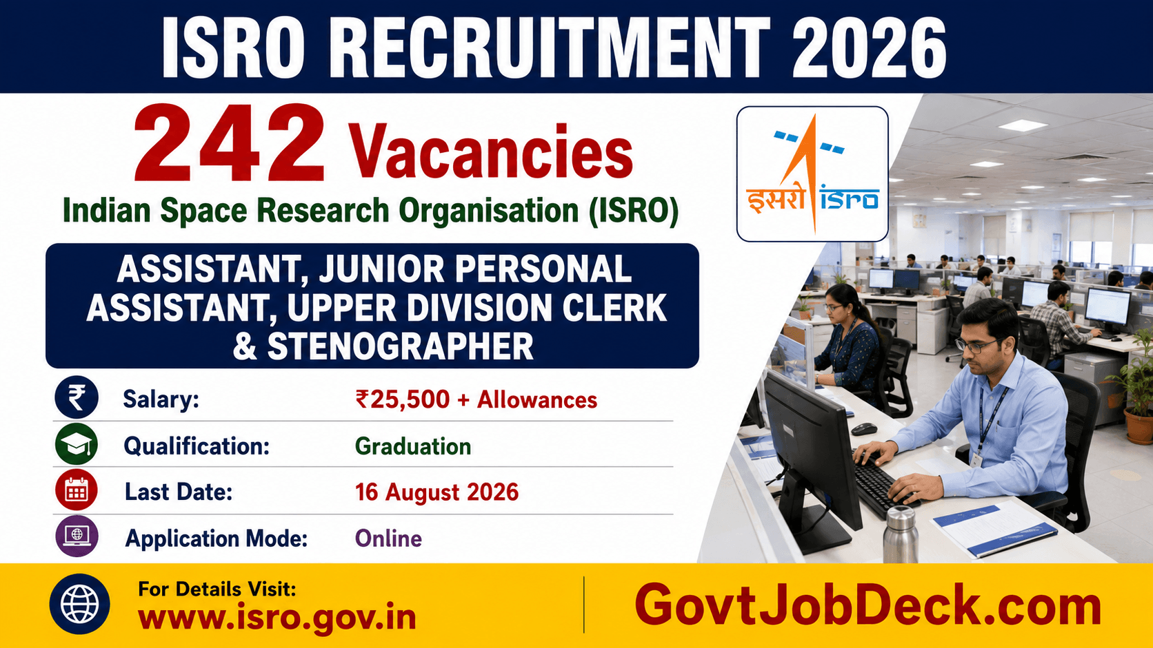 ISRO Recruitment 2026: 242 Assistant, UDC & Stenographer Vacancies | Apply Before 16 August, Salary ₹25,500+