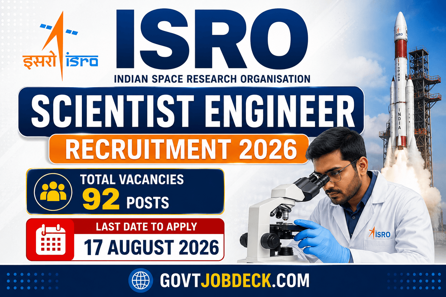ISRO Scientist Engineer Recruitment 2026 – 92 Vacancies for BE/BTech, GATE Required, Salary ₹56,100, Apply Before 17 August