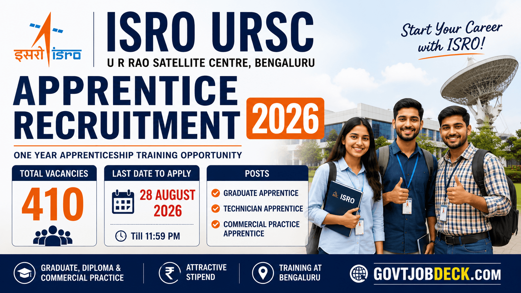 ISRO URSC Apprentice Recruitment 2026 Out: 410 Vacancies – Apply Online Before 28 August (Stipend Rs.12,300)