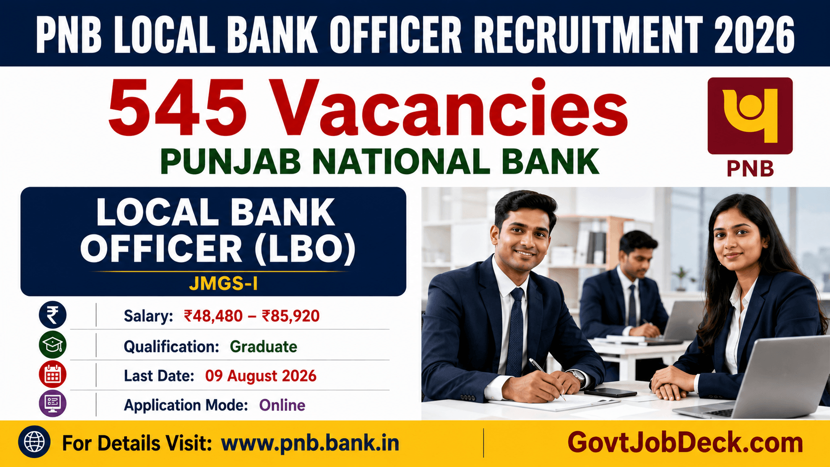 PNB Local Bank Officer Recruitment 2026 Apply Online for 545 Vacancies, Salary Up to ₹85,920, Last Date 09 August