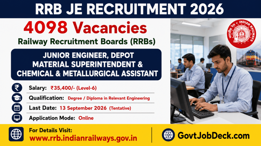 RRB JE Recruitment 2026: 4,098 Vacancies, Apply Online from 14 Aug, Salary ₹35,400 – Last Date 13 Sep