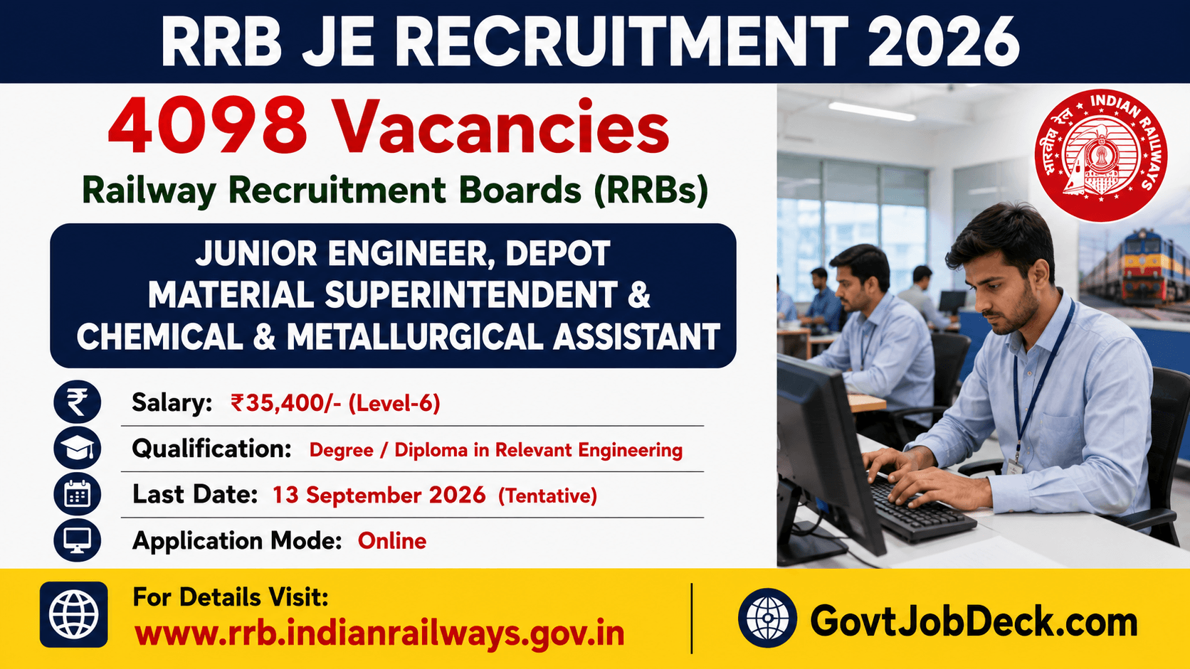 RRB JE Recruitment 2026: 4,098 Vacancies, Apply Online from 14 Aug, Salary ₹35,400 – Last Date 13 Sep