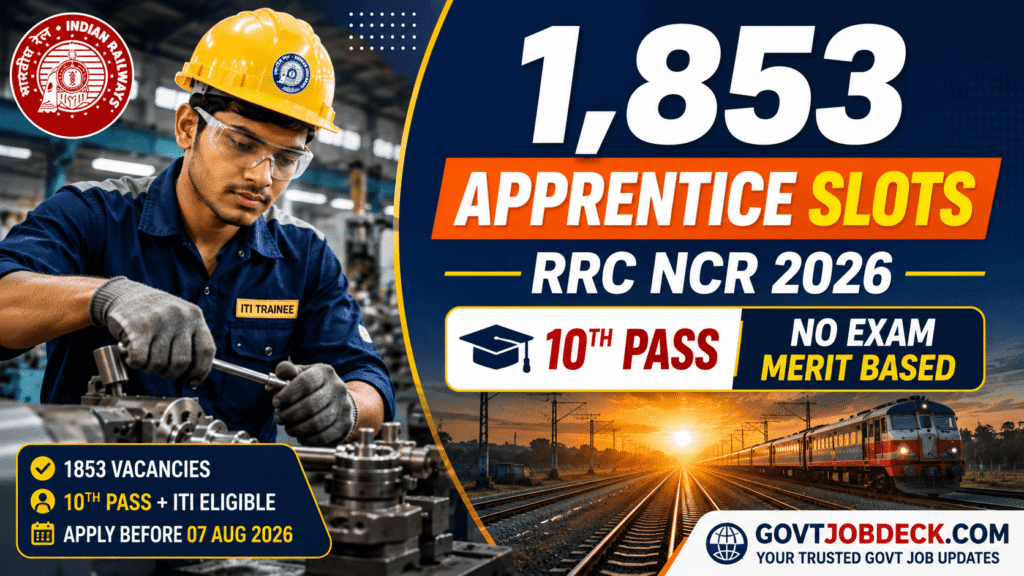 RRC NCR Apprentice Recruitment 2026: 1853 Posts for 10th Pass ITI, No Exam Selection | GovtJobDeck