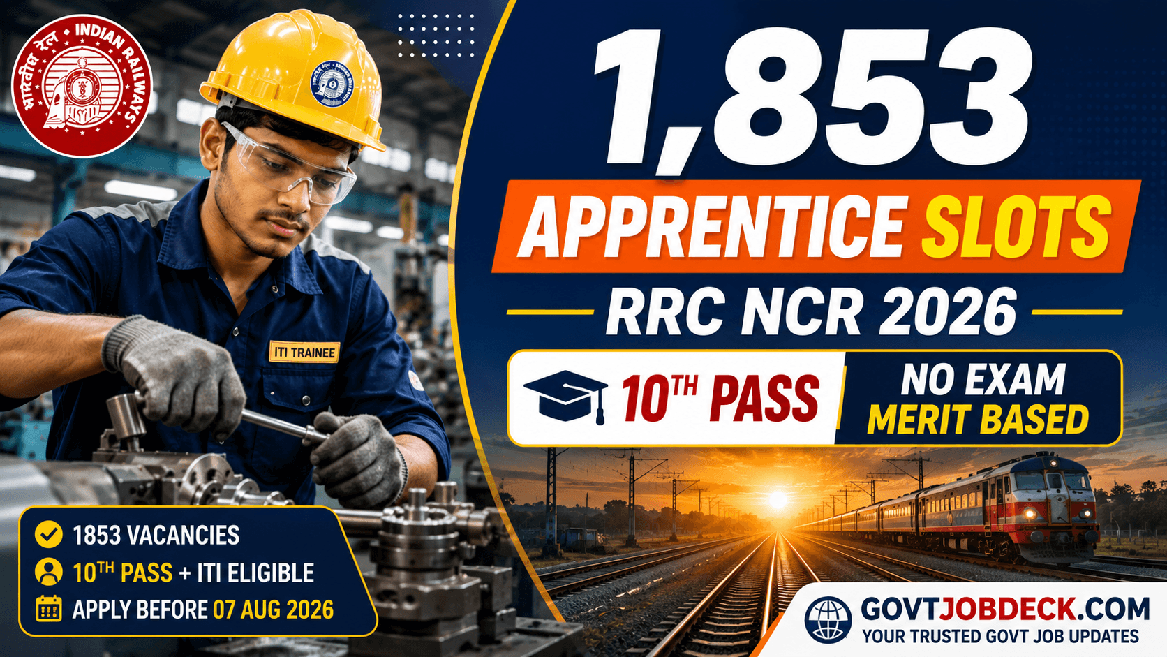 RRC NCR Apprentice Recruitment 2026: 1853 Posts for 10th Pass ITI, No Exam Selection | GovtJobDeck