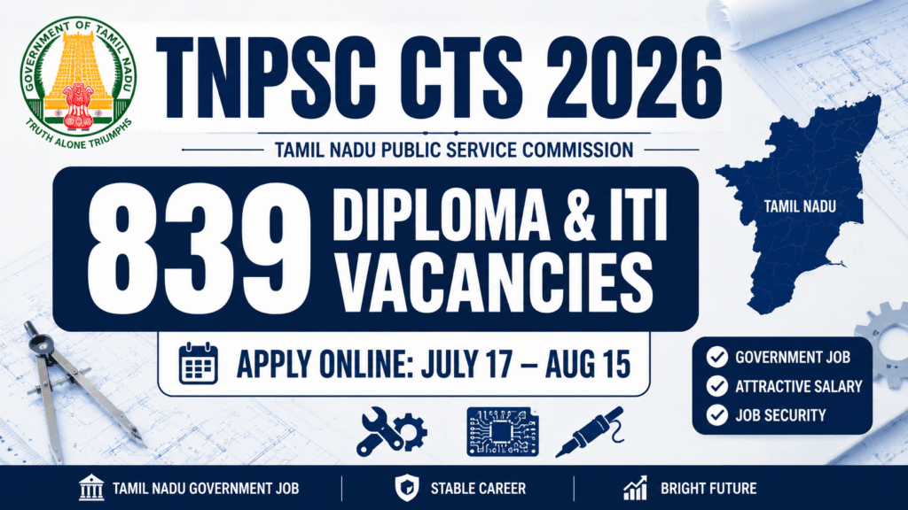 TNPSC CTS Notification 2026 Out – 839 Diploma & ITI Vacancies, Apply Online till Aug 15