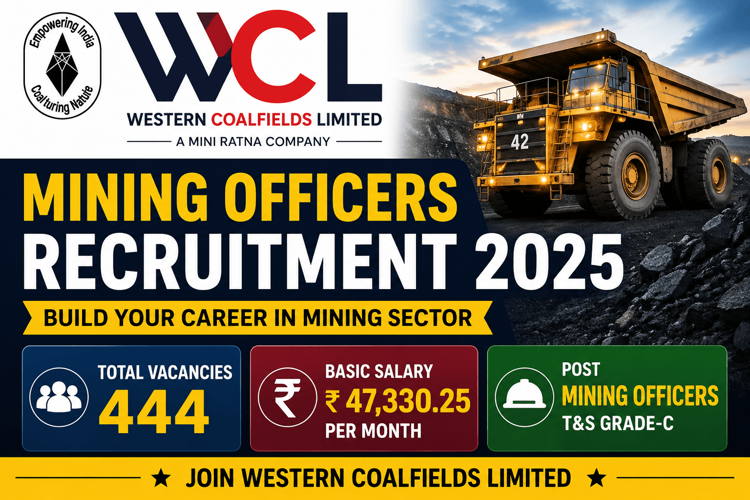 WCL Mining Sirdar Recruitment 2026: 444 Vacancies, Salary ₹47,330/Month