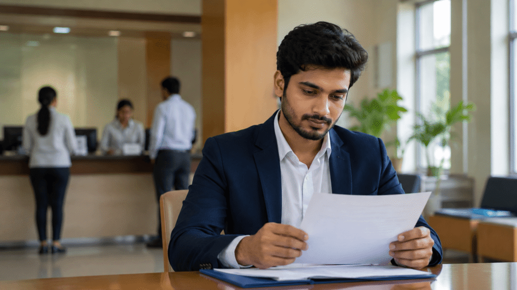 Candidate reviewing Banking Jobs 2026 application documents at a bank branch – SBI, IBPS recruitment