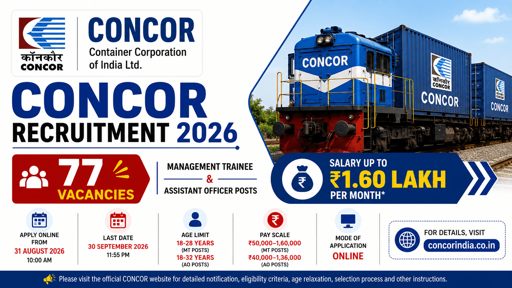 CONCOR Recruitment 2026 for 77 Management Trainee and Assistant Officer vacancies