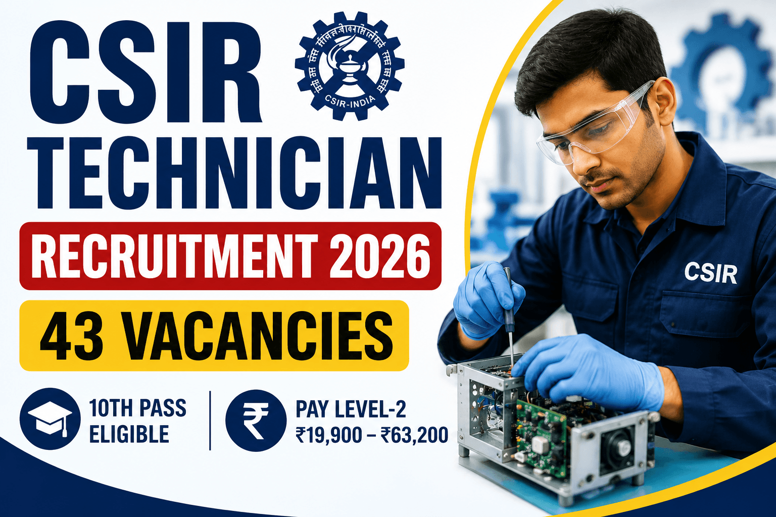 CSIR Technician Recruitment 2026 with 43 vacancies and Pay Level 2