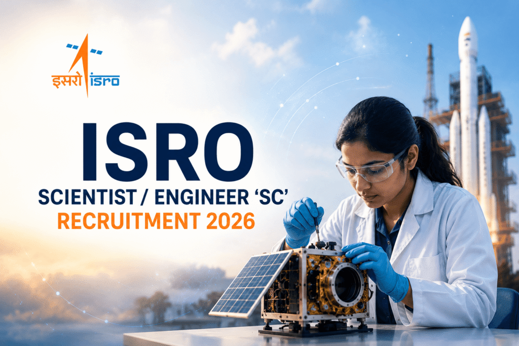 ISRO Scientist/Engineer SC Recruitment 2026 featuring a scientist and ISRO rocket