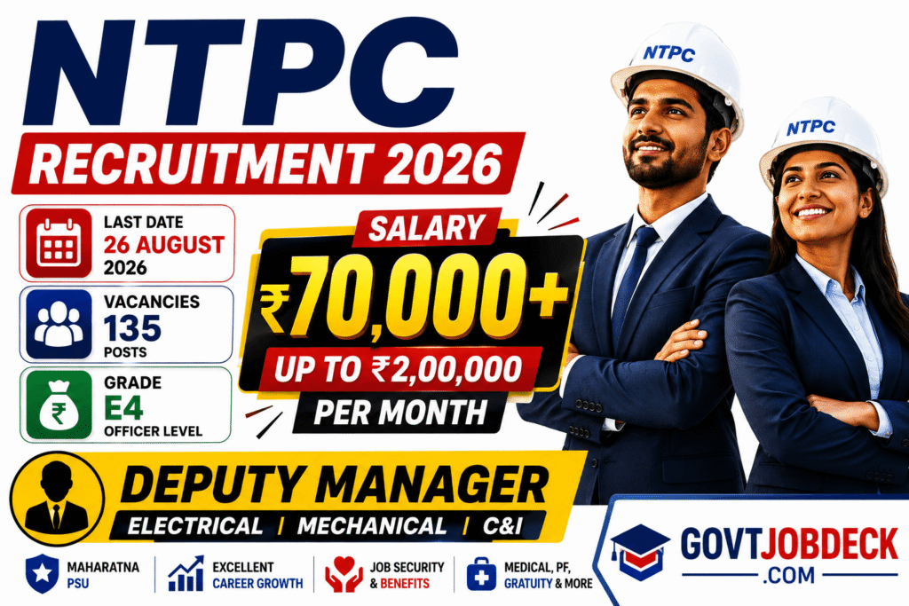 NTPC Recruitment 2026 for 135 Deputy Manager vacancies with salary up to ₹2 lakh per month.