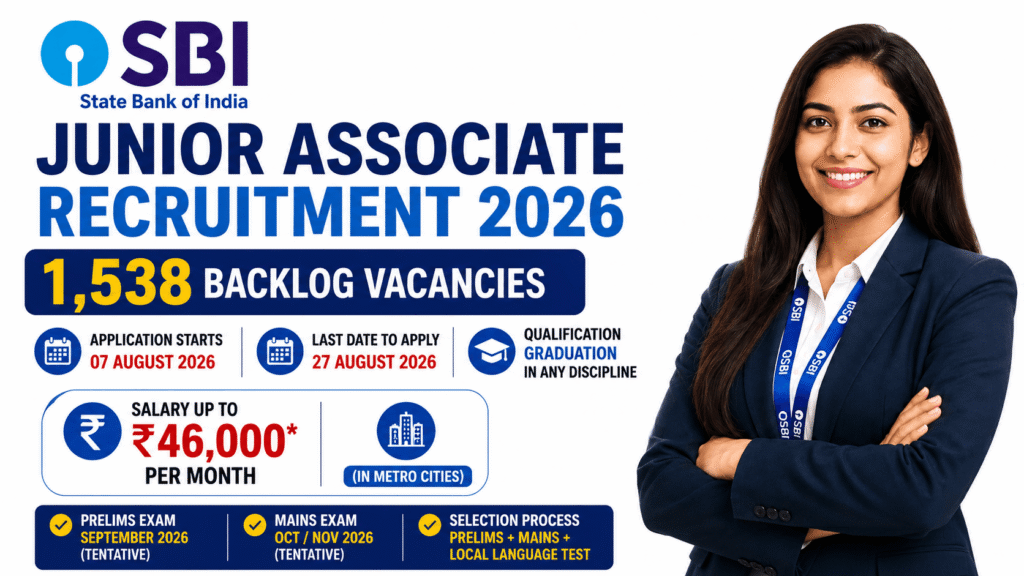 SBI Junior Associate Recruitment 2026 for 1,538 backlog vacancies