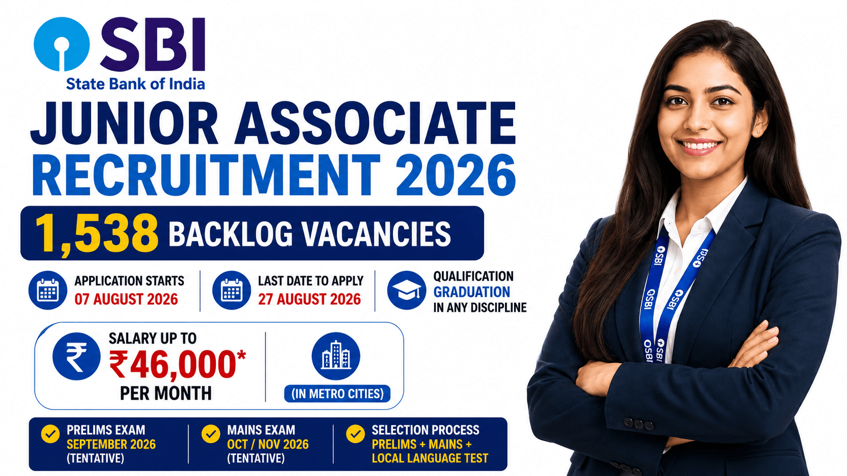 SBI Junior Associate Recruitment 2026 for 1,538 backlog vacancies