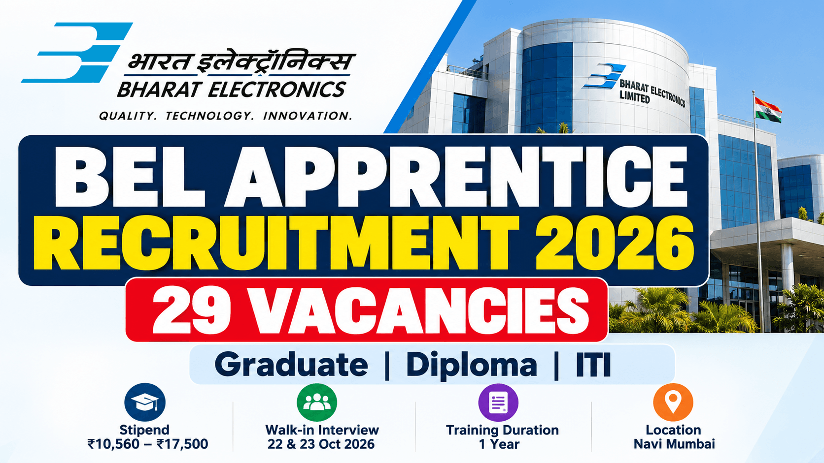 BEL Apprentice Recruitment 2026 – 29 Vacancies, Walk-in