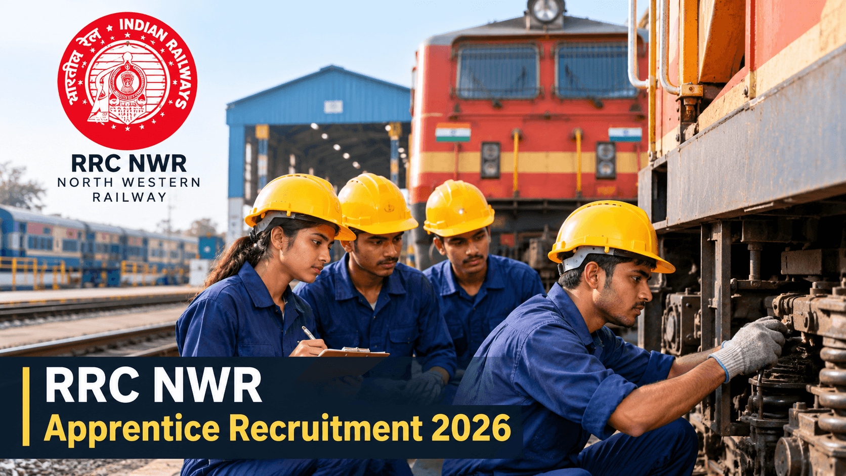 RRC NWR Apprentice Vacancy 2026 showing apprentices training at a North Western Railway workshop
